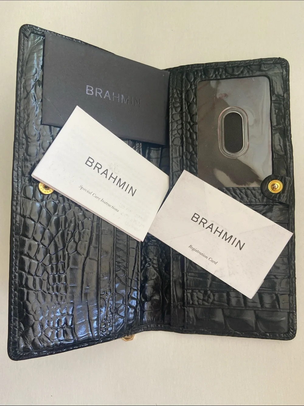 BRAHMIN Ady Wallet Melbourne Black Croc Leather Slim Bifold Wallet ID Window